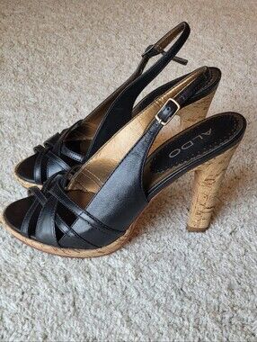 Stunning Black Leather Slingbacks Cork Wider Heels 4" High  Awesome Condition 7